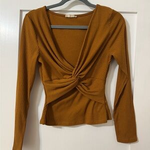 Altar'd State Brown Wrap Blouse with V-Neck and Fitted Style
